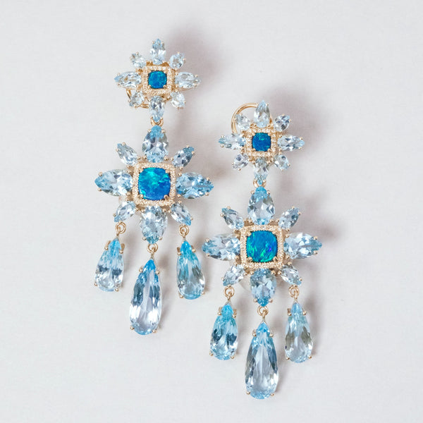 14KT Yellow Gold Blue Topaz Opal Diamond Amaryllis Earrings