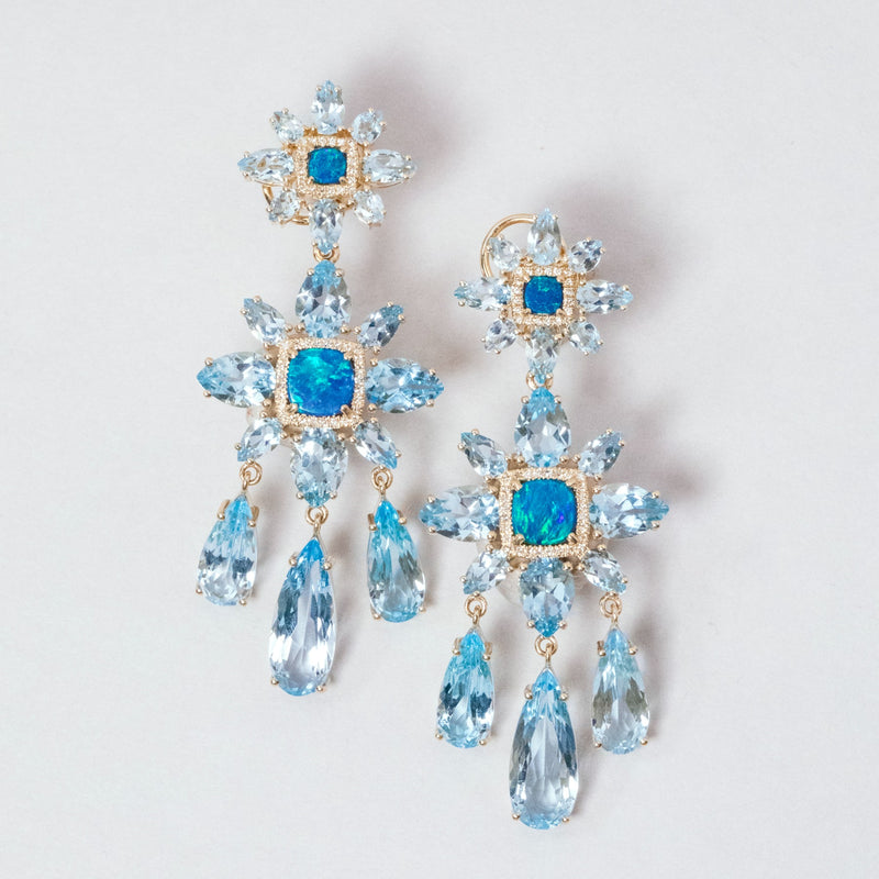 14KT Yellow Gold Blue Topaz Opal Diamond Amaryllis Earrings