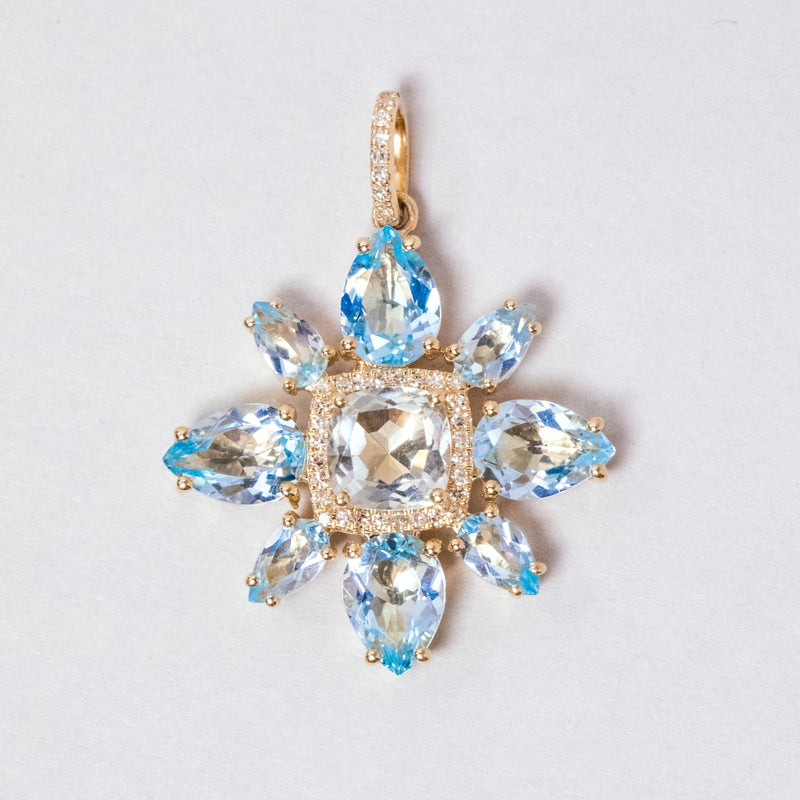 14KT Yellow Gold Blue Topaz Green Amethyst Diamond Amaryllis Charm with Diamond Clip on Bail