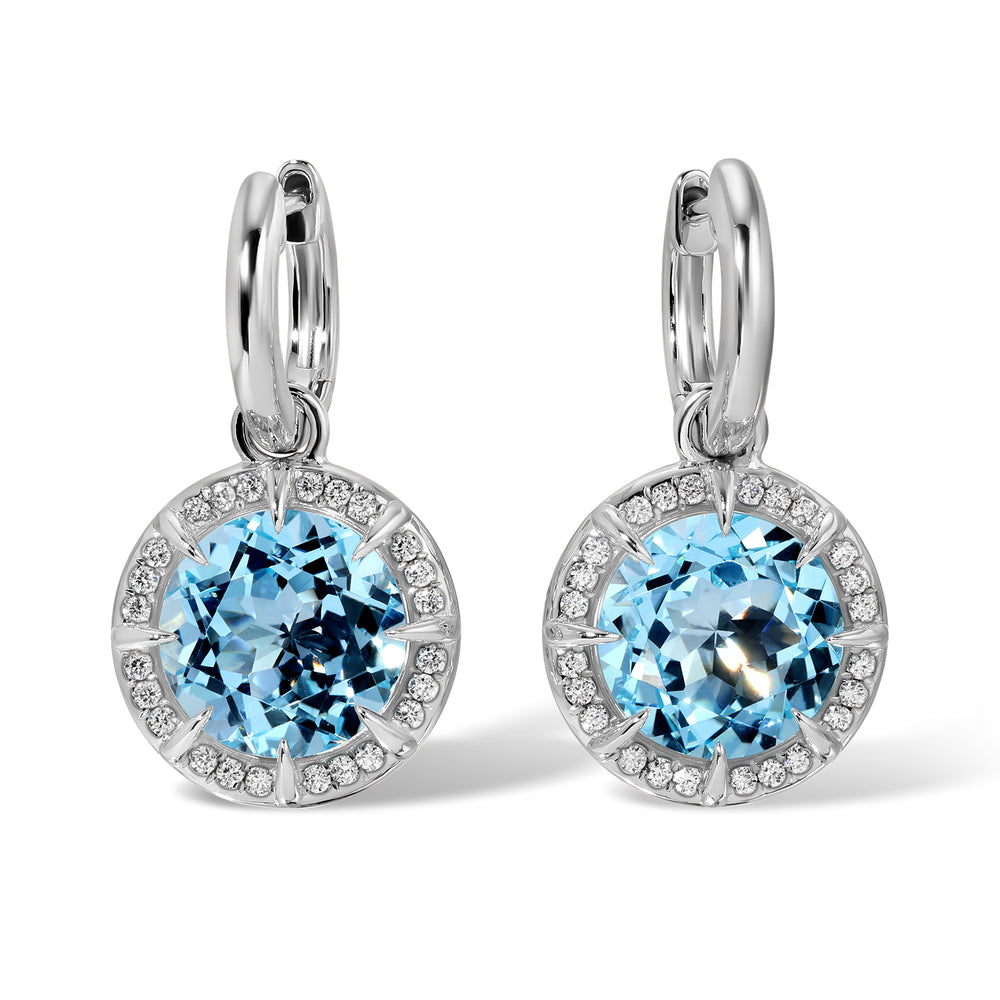 14KT White Gold Blue Topaz Diamond Bleu Round Prism Charm Earrings