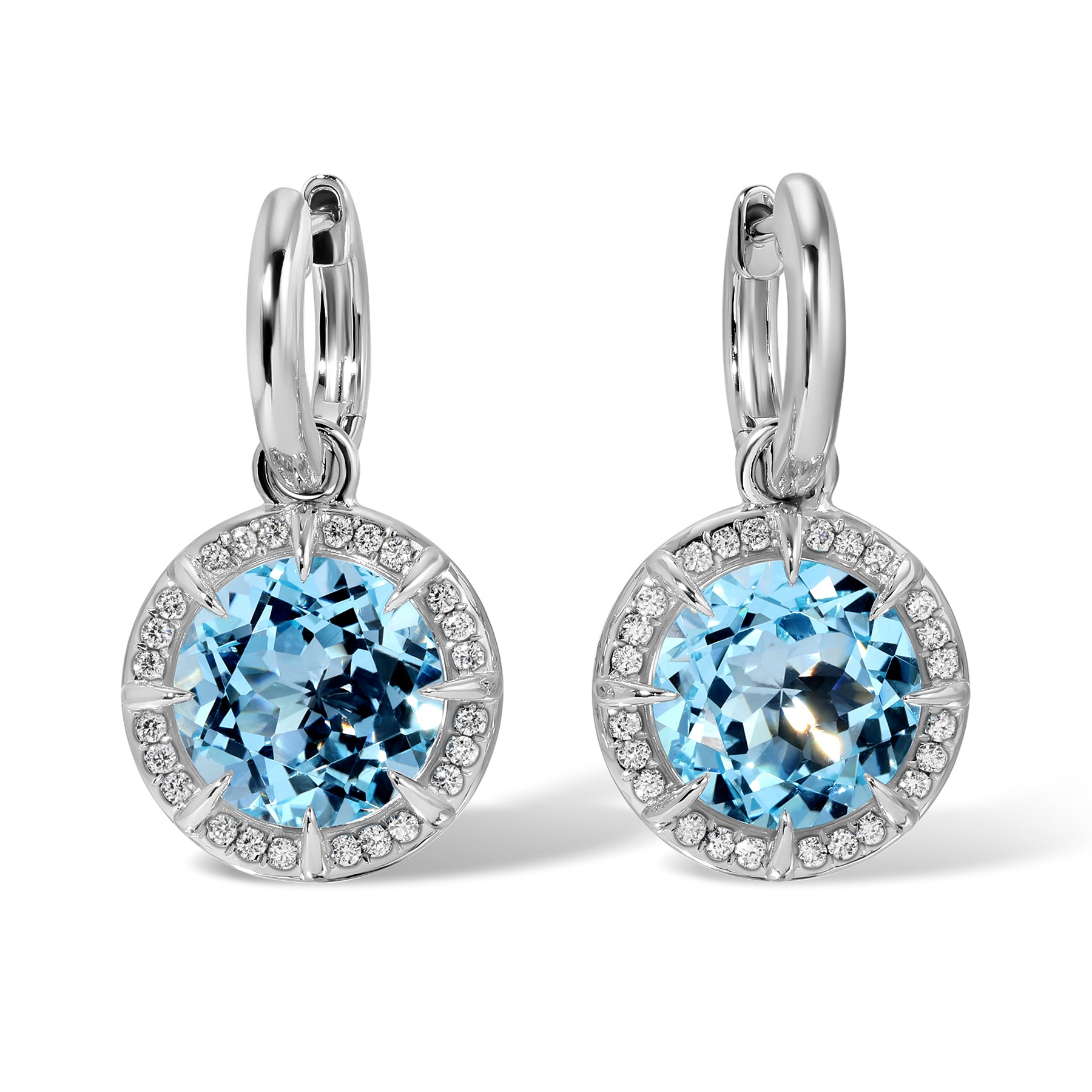 14KT White Gold Blue Topaz Diamond Bleu Round Prism Charm Earrings
