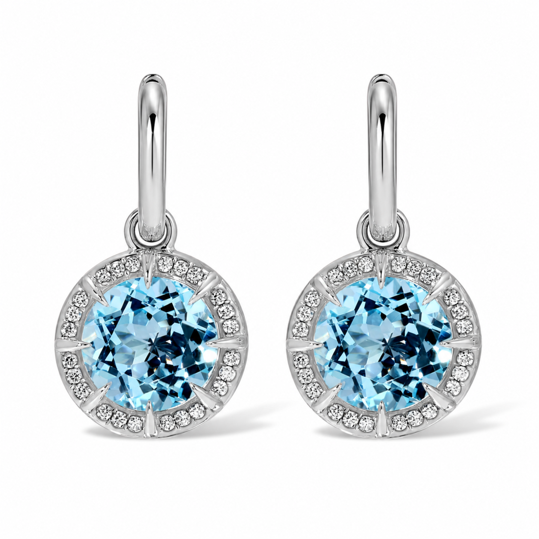 14KT White Gold Blue Topaz Diamond Bleu Round Prism Earrings