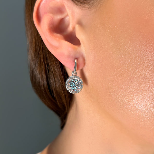 14KT White Gold Blue Topaz Diamond Bleu Round Prism Earrings