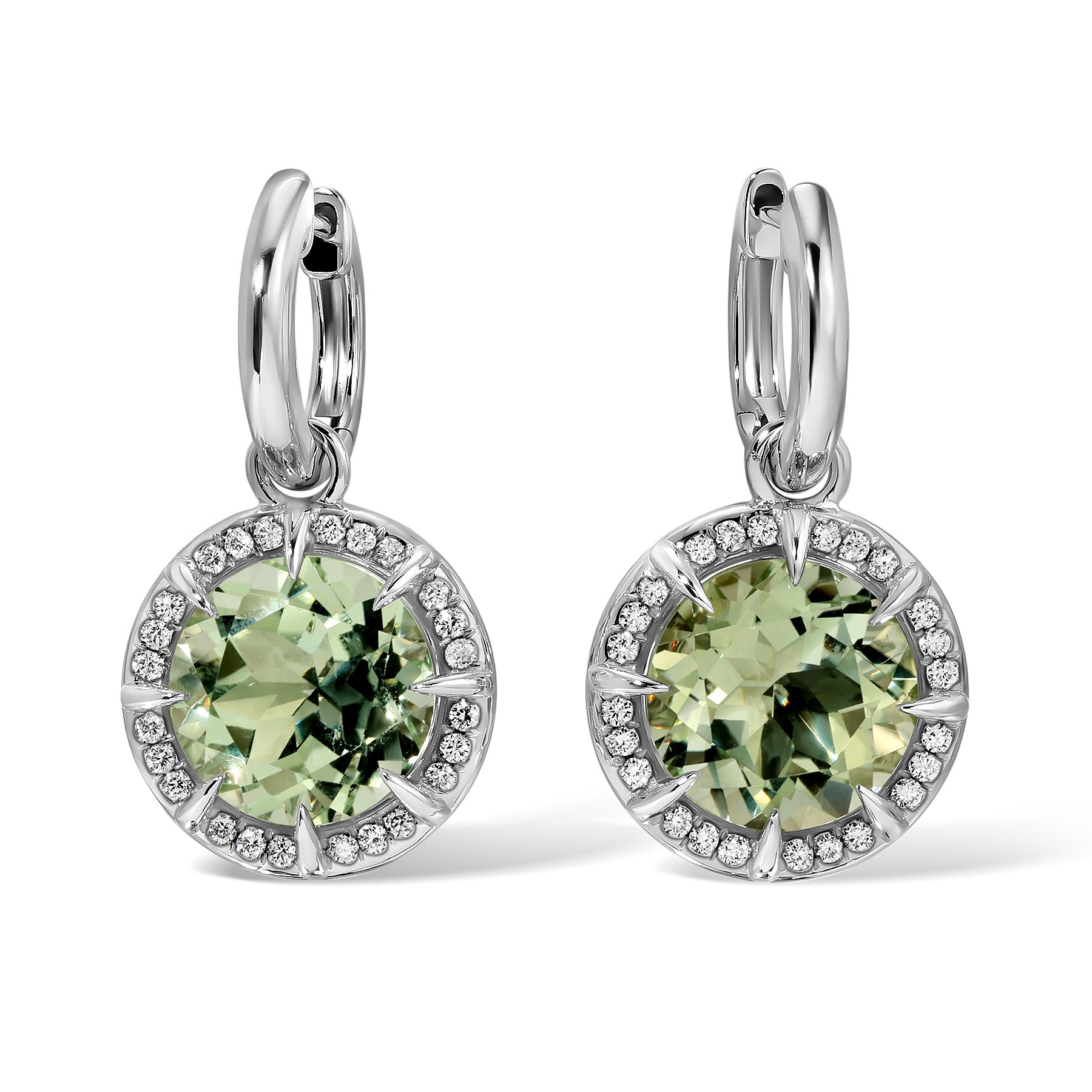 14KT White Gold Green Amethyst Diamond Verte Round Prism Charm Earrings