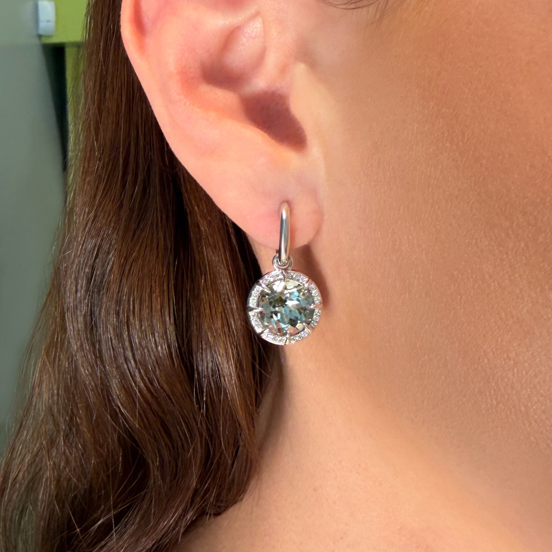 14KT White Gold Green Amethyst Diamond Verte Round Prism Earrings