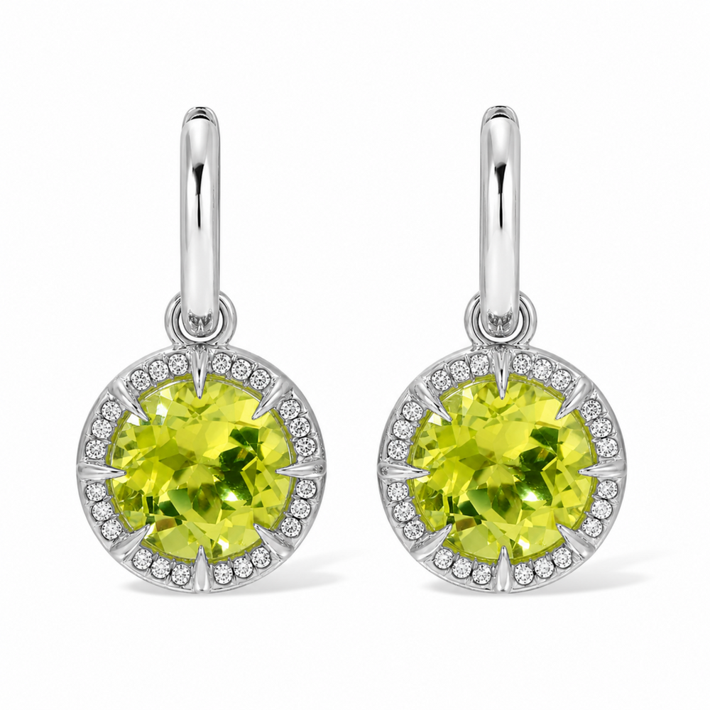 14KT White Gold Lemon Quartz Diamond Canary Round Prism Earrings