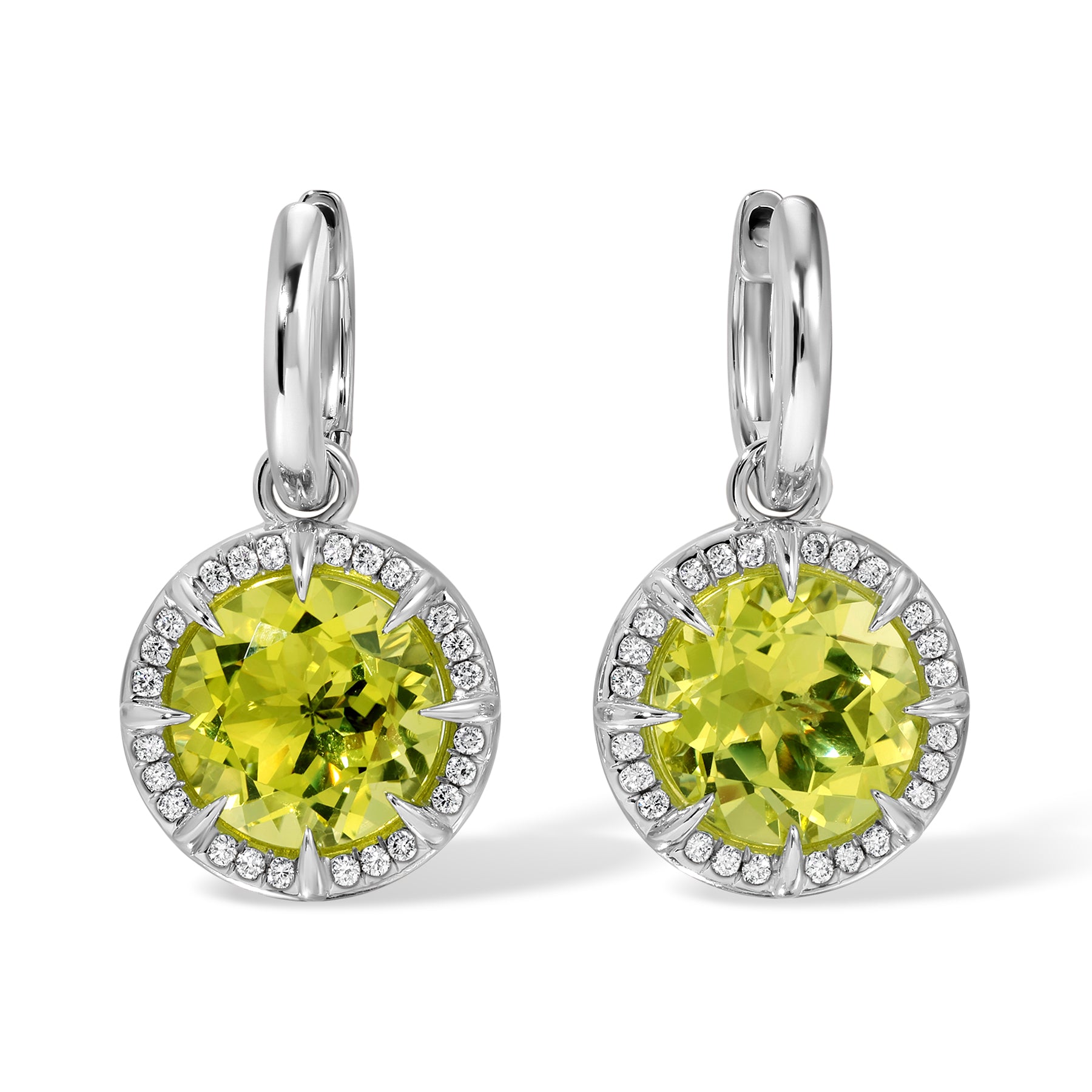 14KT White Gold Lemon Quartz Diamond Canary Round Prism Charm Earrings