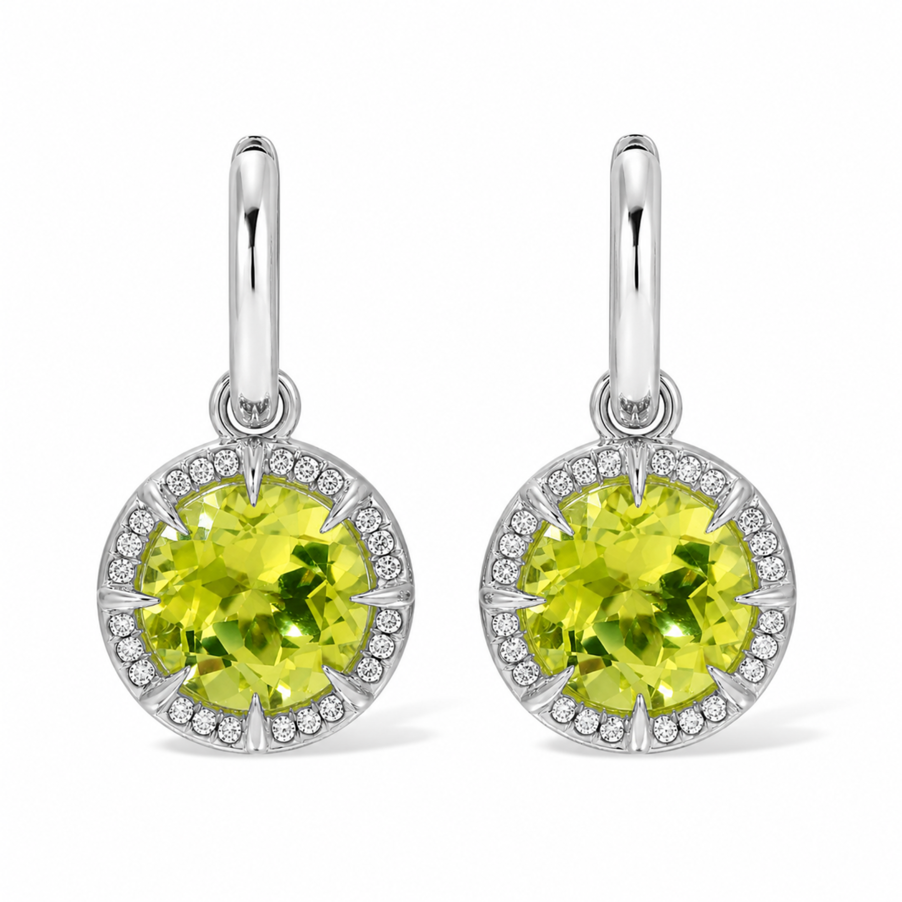 14KT White Gold Lemon Quartz Diamond Canary Round Prism Earrings
