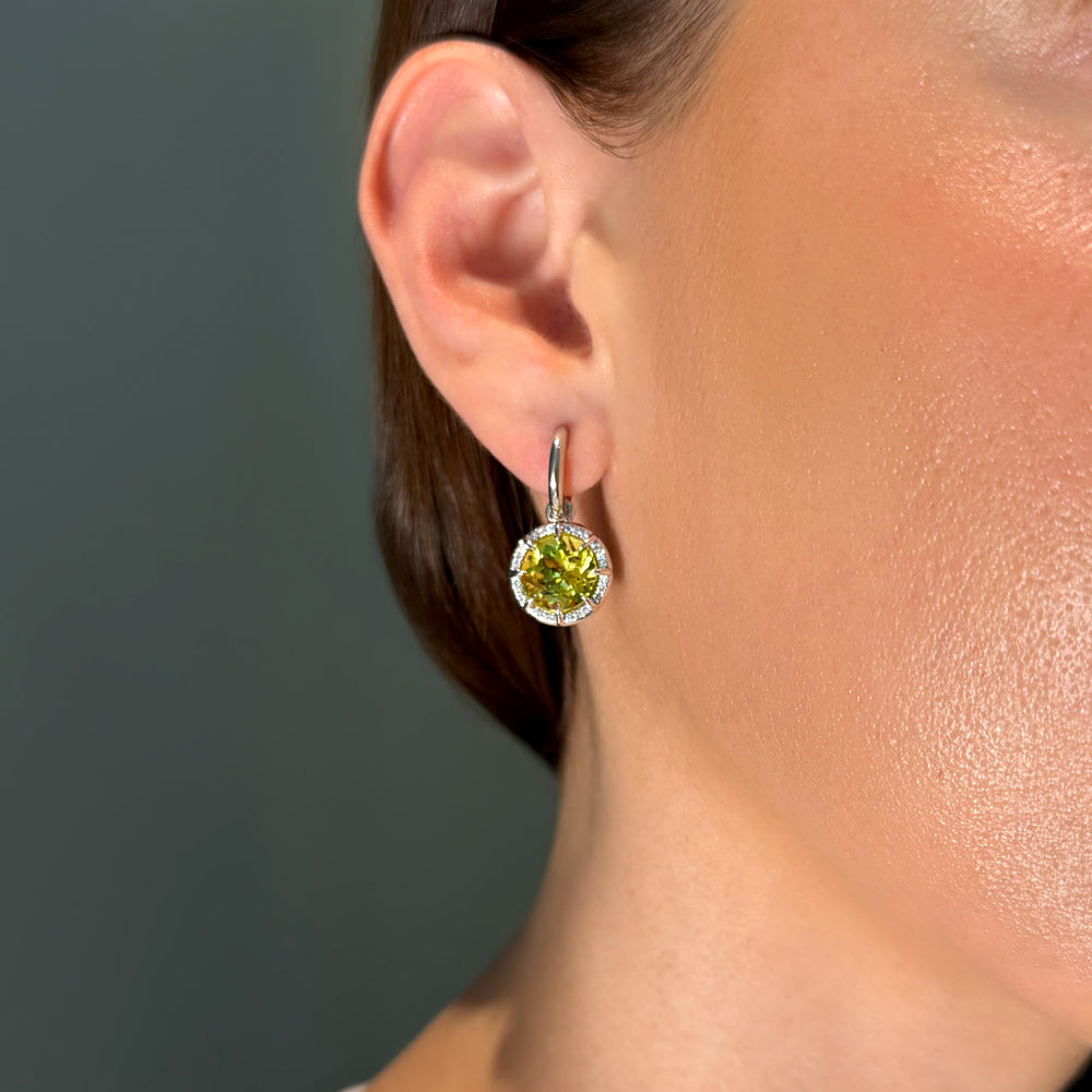 14KT White Gold Lemon Quartz Diamond Canary Round Prism Earrings