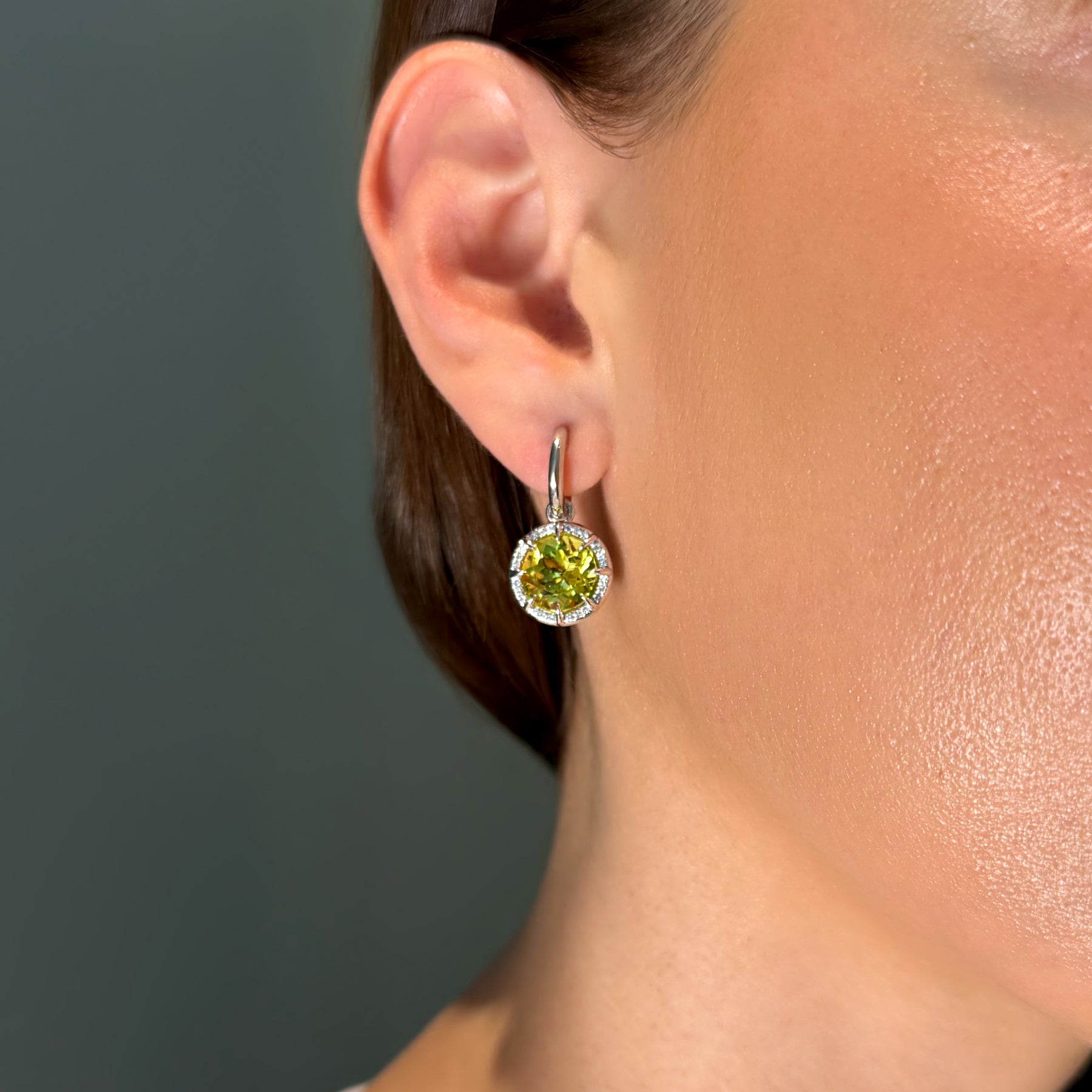 14KT White Gold Lemon Quartz Diamond Canary Round Prism Earrings