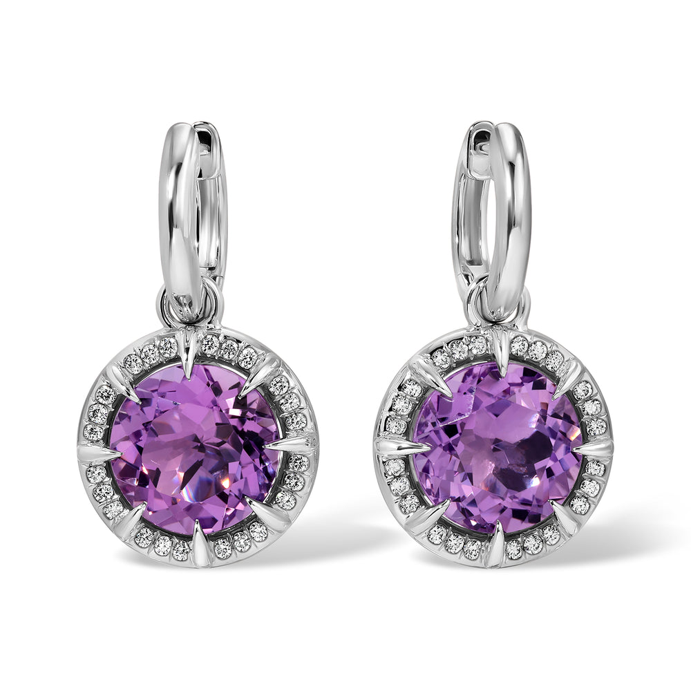 14KT White Gold Amethyst Diamond Violette Round Prism Charm Earrings