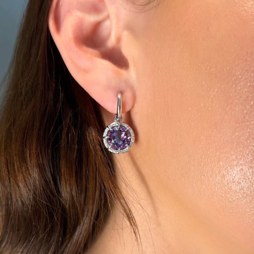 14KT White Gold Amethyst Diamond Violette Round Prism Earrings