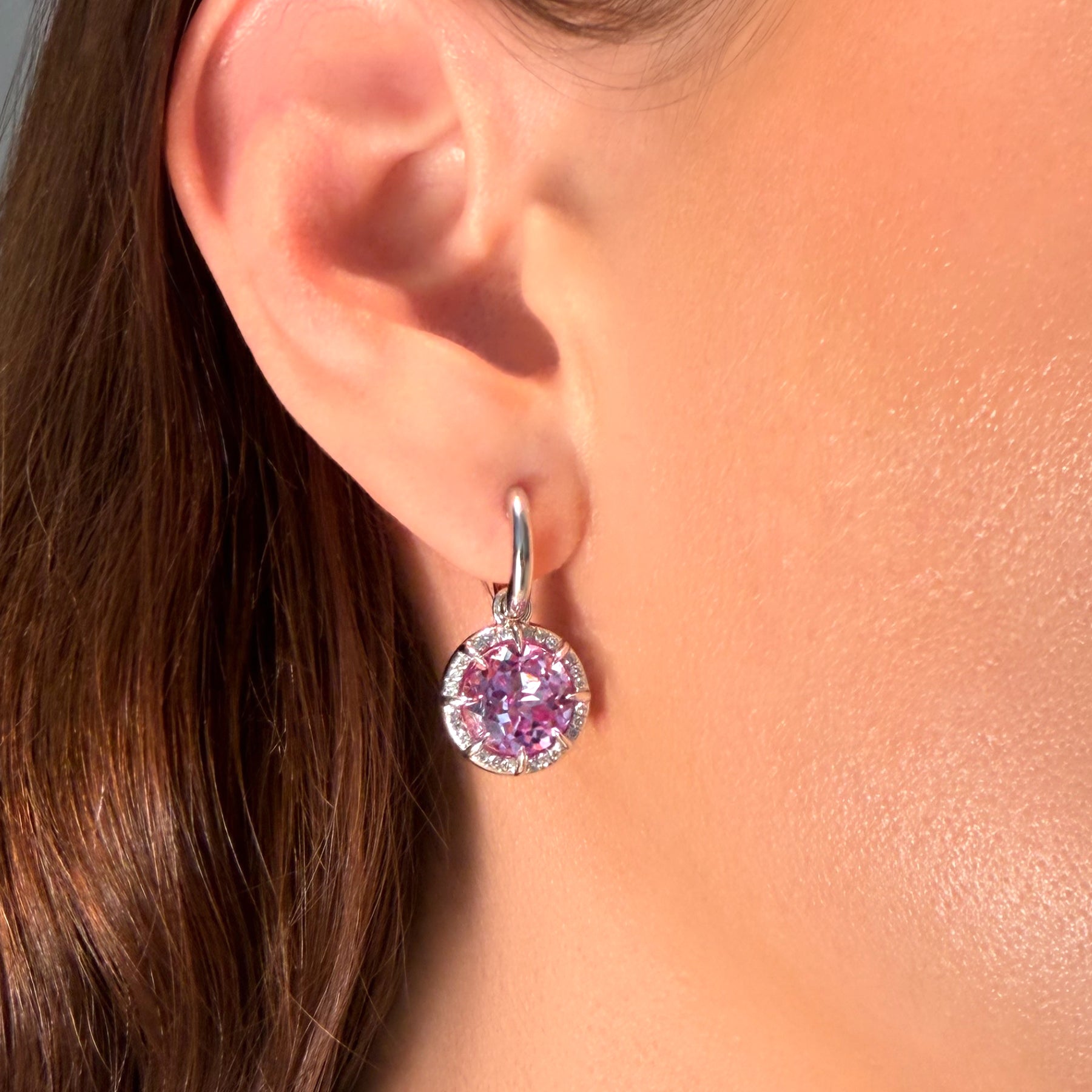 14KT White Gold Pink Topaz Diamond Rose Round Prism Earrings