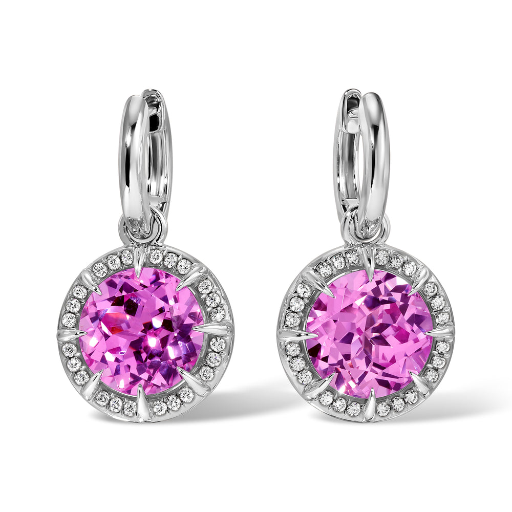 14KT White Gold Pink Topaz Diamond Rose Round Prism Charm Earrings