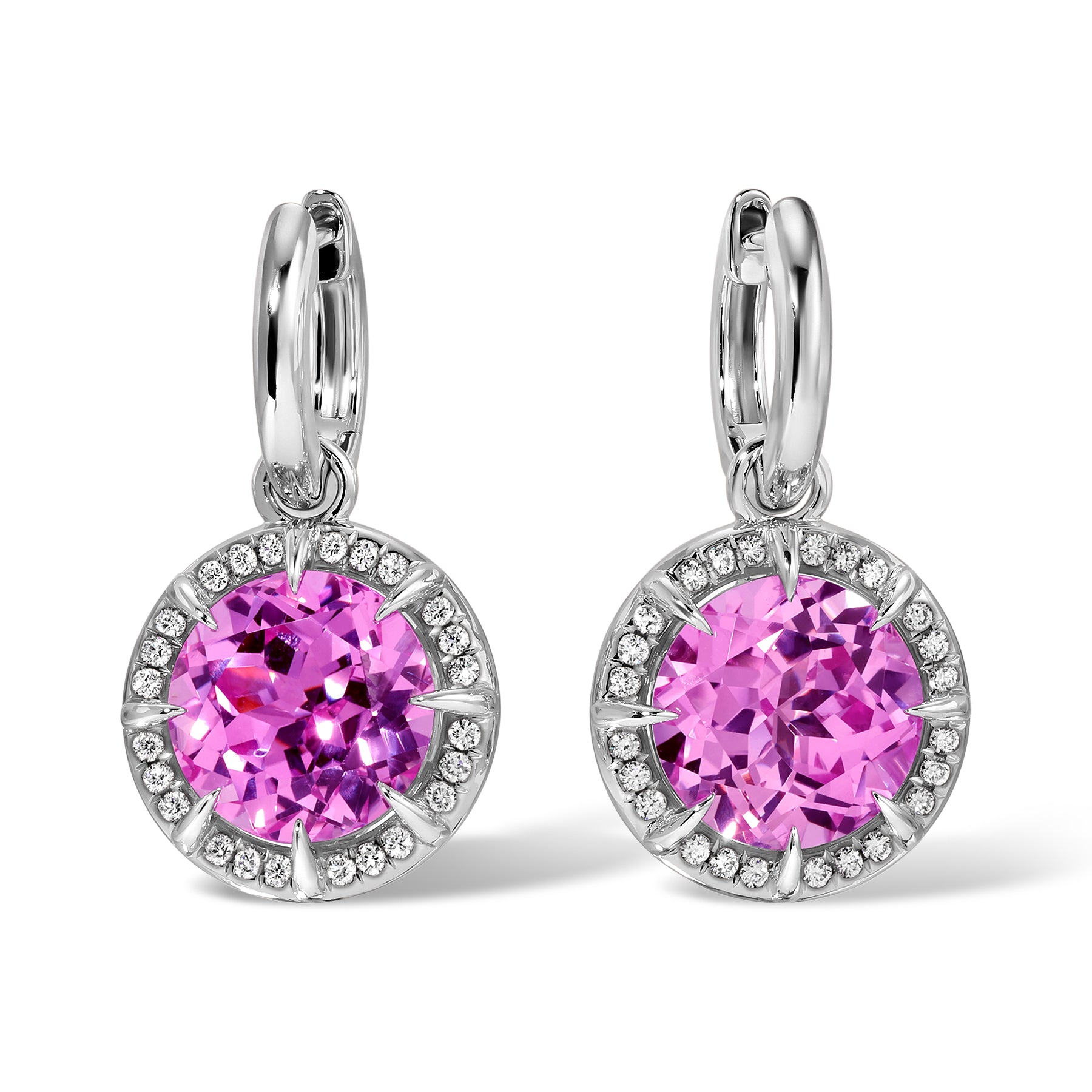 14KT White Gold Pink Topaz Diamond Rose Round Prism Charm Earrings