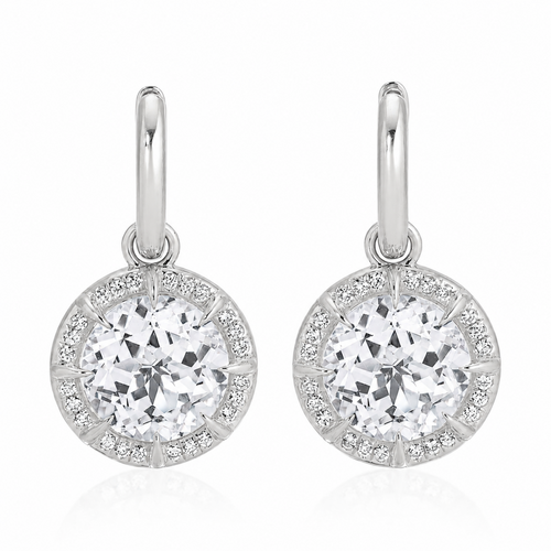 14KT White Gold White Topaz Diamond Glace Round Prism Earrings
