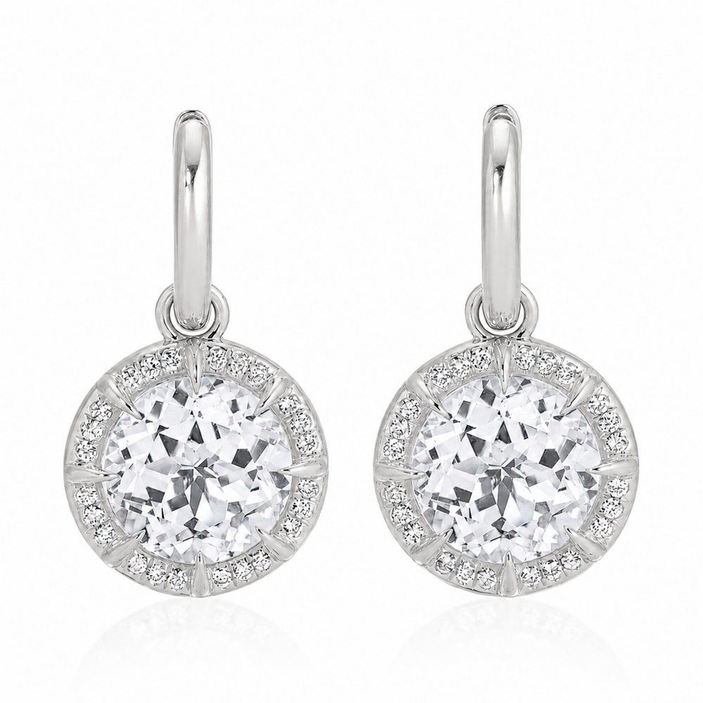 14KT White Gold White Topaz Diamond Glace Round Prism Earrings