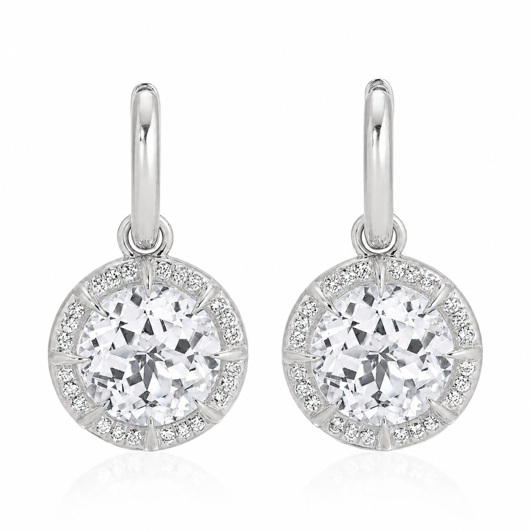 14KT White Gold White Topaz Diamond Glace Round Prism Earrings