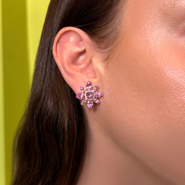 14KT Yellow Gold Pink Topaz Diamond Small Amaryllis Earrings