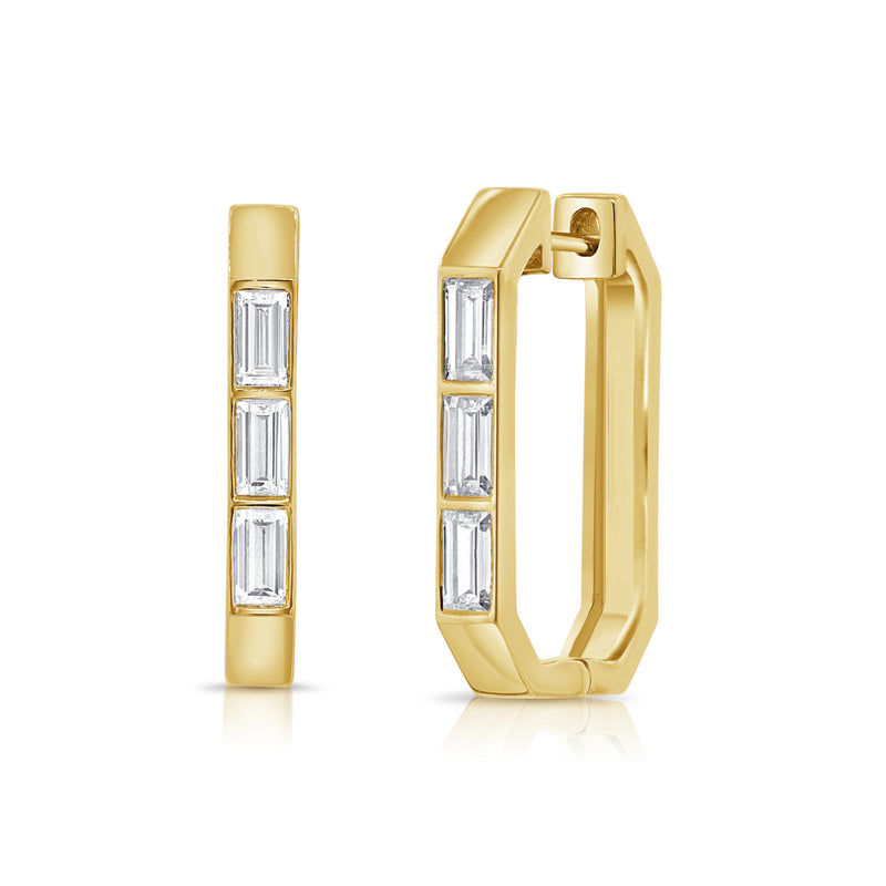 14KT Yellow Gold Baguette Diamond Piper Hoop Earrings