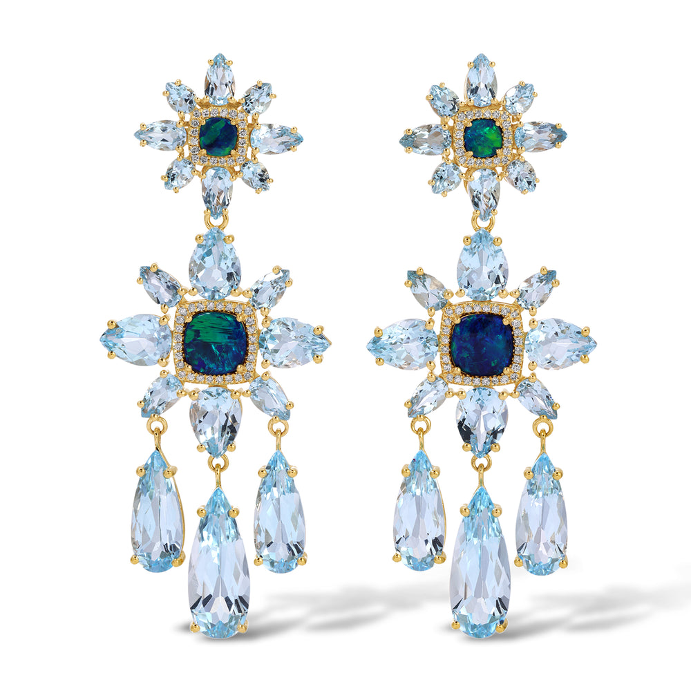 14KT Yellow Gold Blue Topaz Opal Diamond Amaryllis Earrings