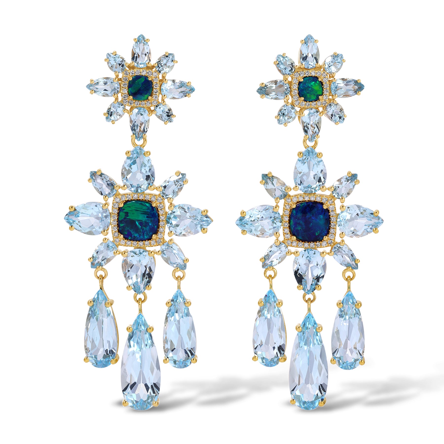 14KT Yellow Gold Blue Topaz Opal Diamond Amaryllis Earrings