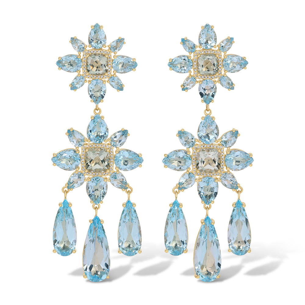 14KT Yellow Gold Blue Topaz Green Amethyst Diamond Luxe Amaryllis Earrings