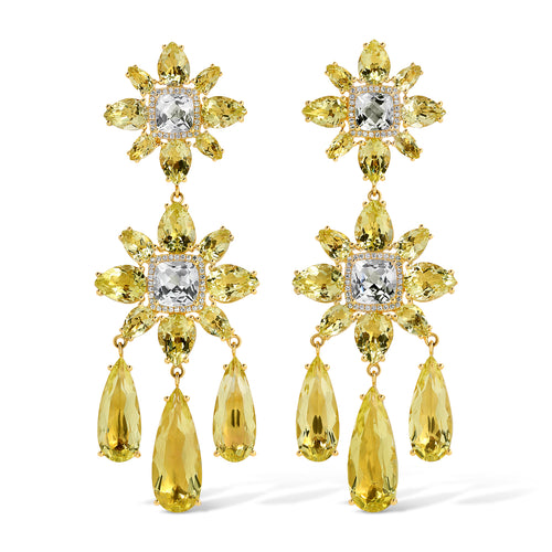 18KT Yellow Gold Lemon Quartz White Topaz Diamond Luxe Amaryllis Earrings