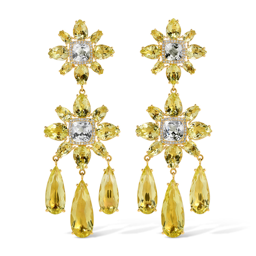 18KT Yellow Gold Lemon Quartz White Topaz Diamond Luxe Amaryllis Earrings