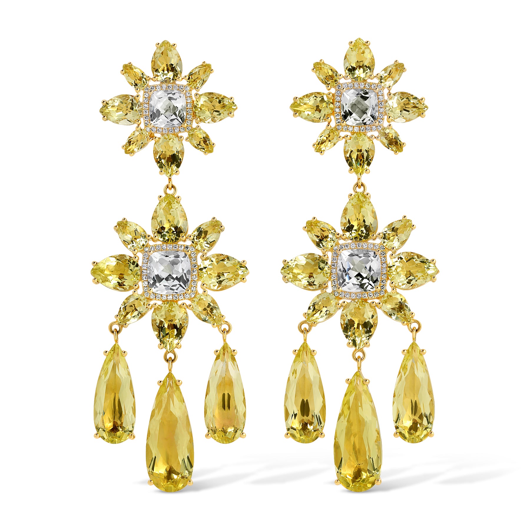 18KT Yellow Gold Lemon Quartz White Topaz Diamond Luxe Amaryllis Earrings