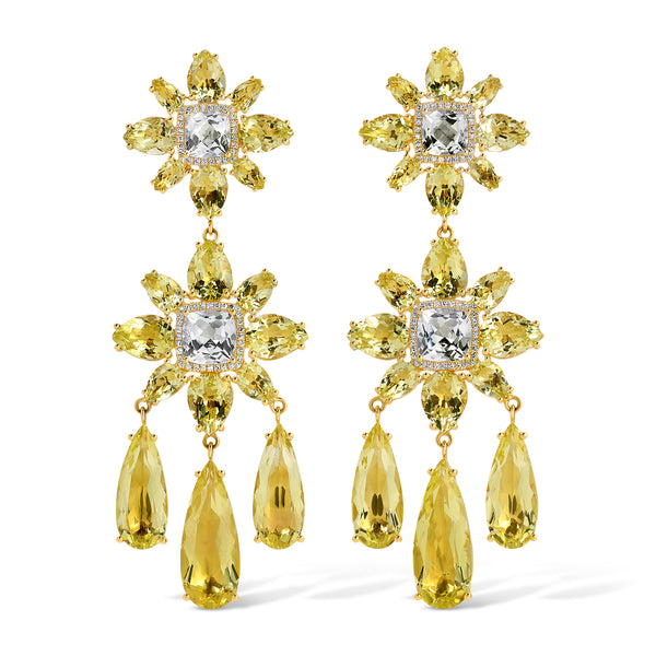 18KT Yellow Gold Lemon Quartz White Topaz Diamond Luxe Amaryllis Earrings