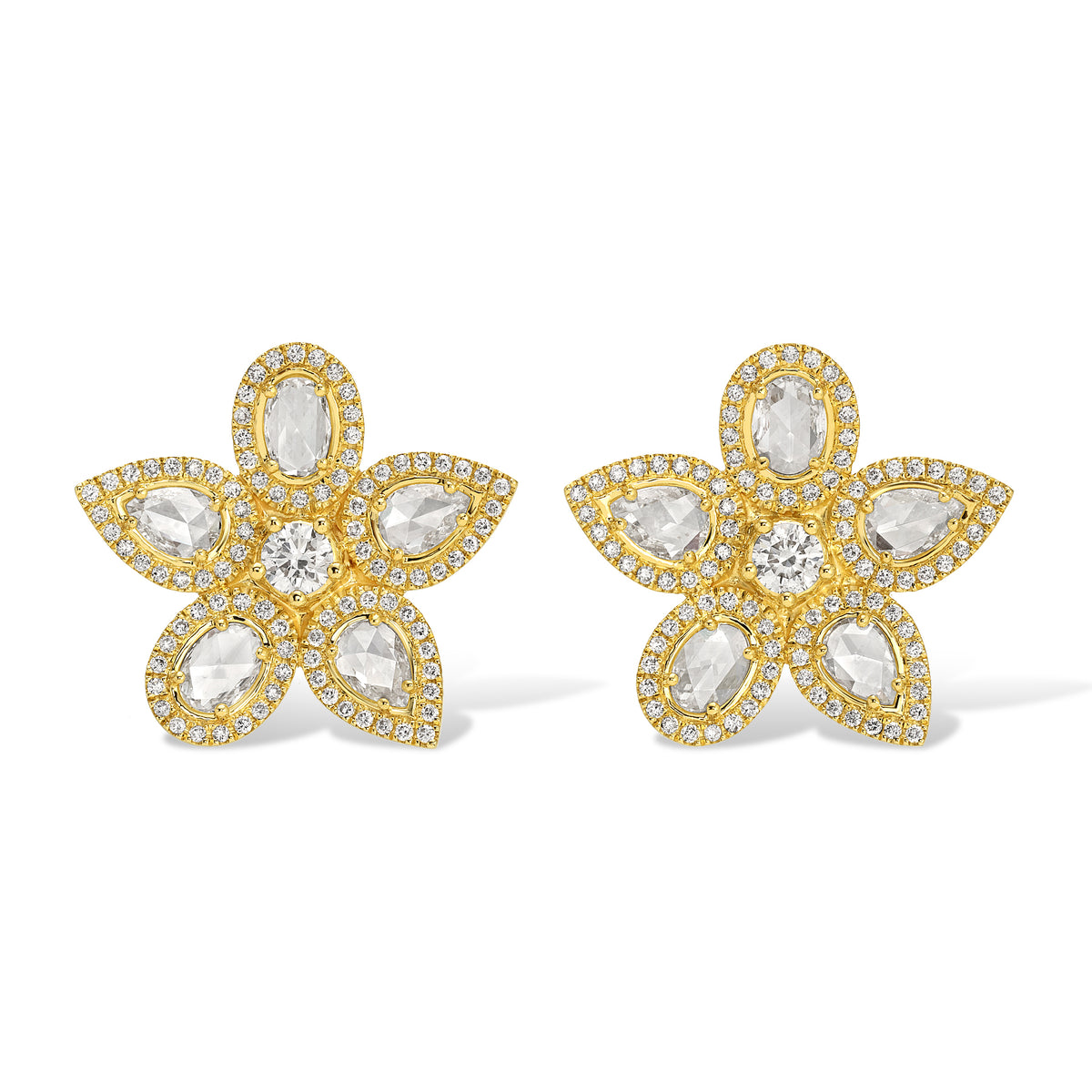 14KT Yellow Gold Rose Cut Diamond Large Flower Studs