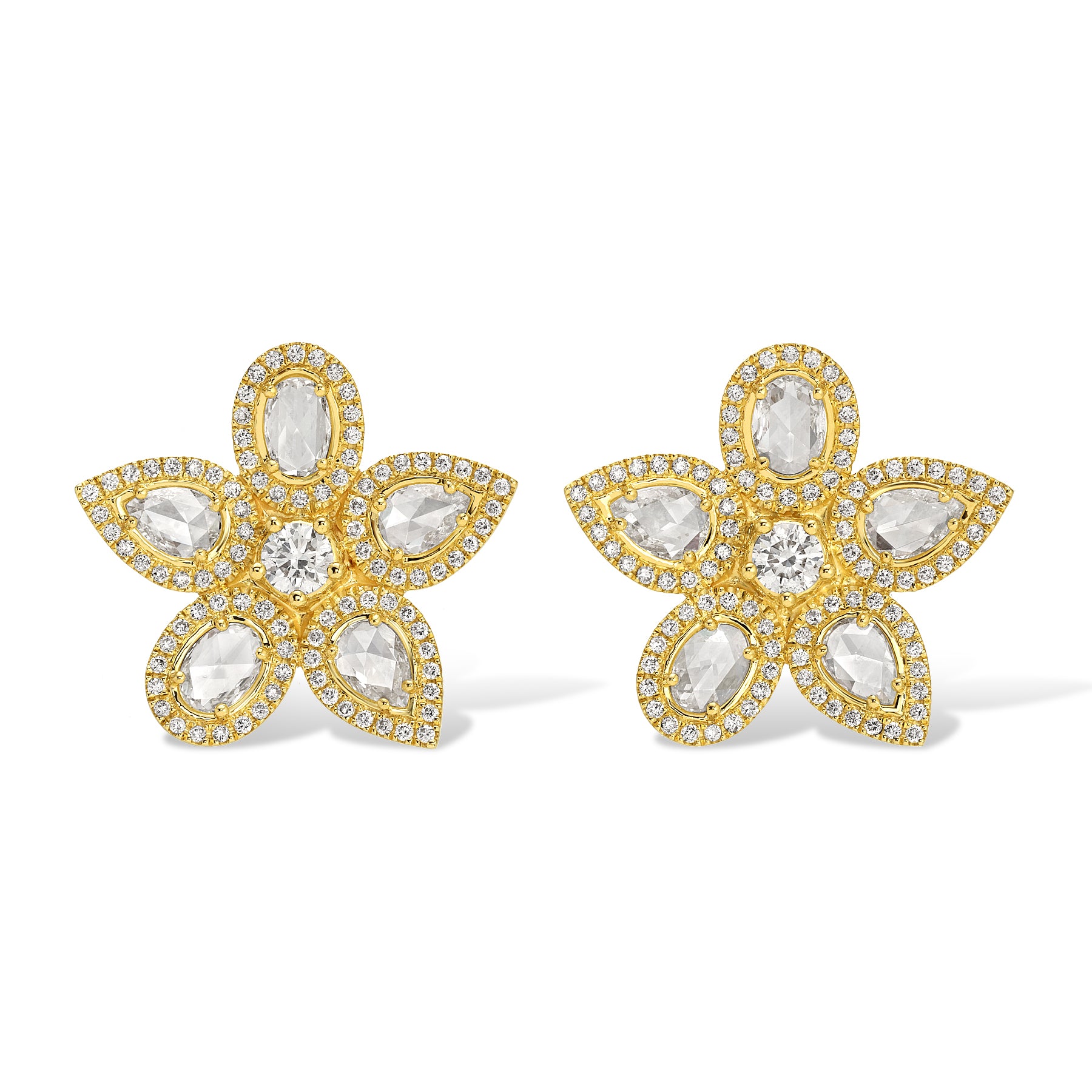 14KT Yellow Gold Rose Cut Diamond Large Flower Studs