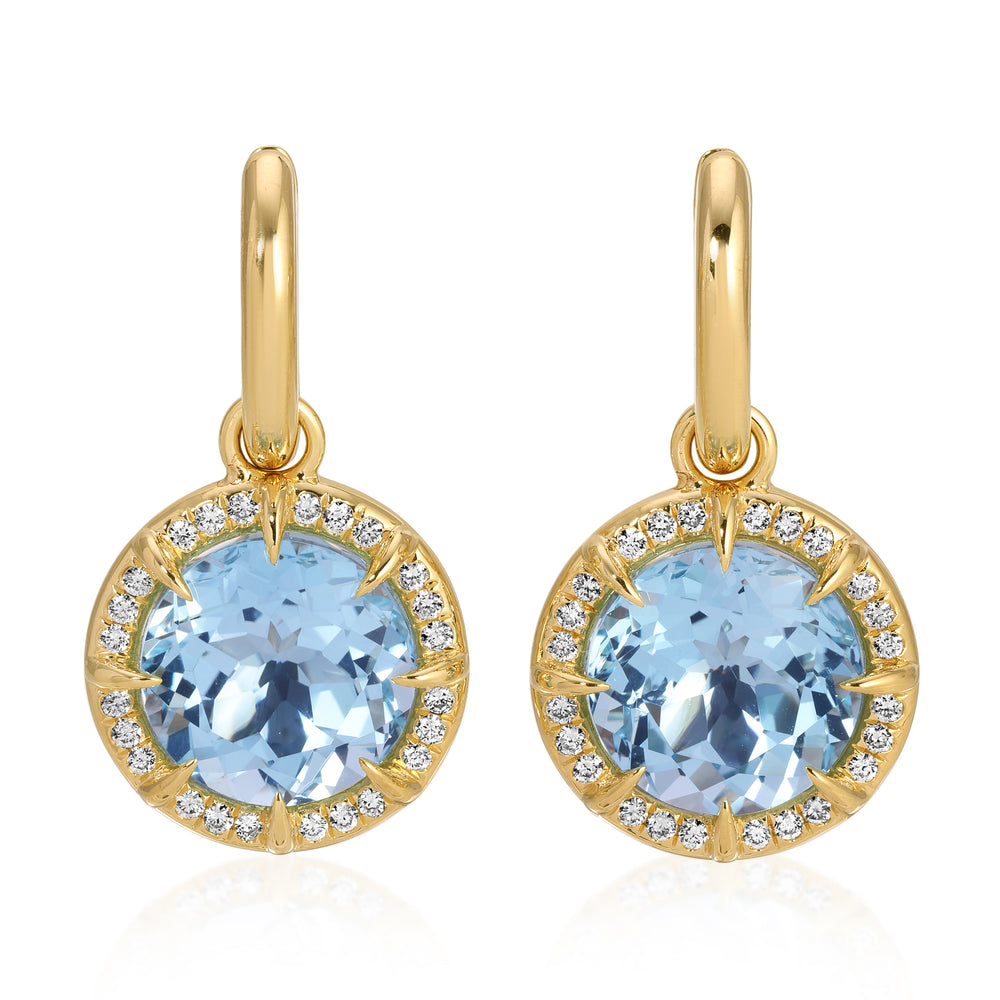14KT Yellow Gold Blue Topaz Diamond Bleu Round Prism Charm Earrings
