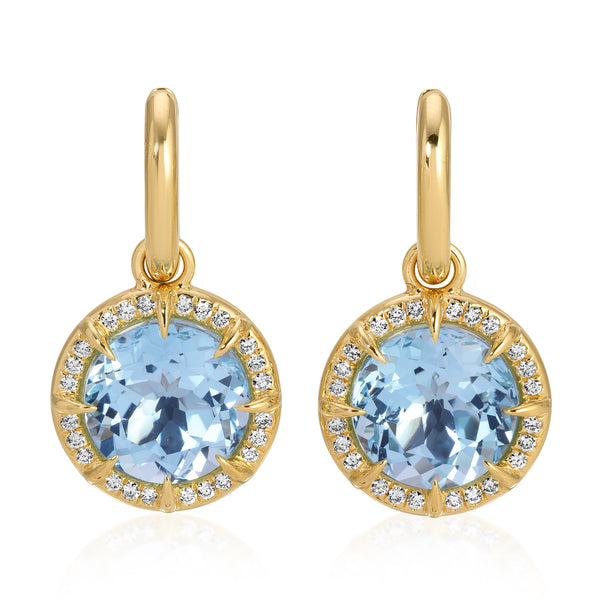 14KT Yellow Gold Blue Topaz Diamond Bleu Round Prism Earrings