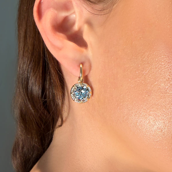 14KT Yellow Gold Blue Topaz Diamond Bleu Round Prism Earrings