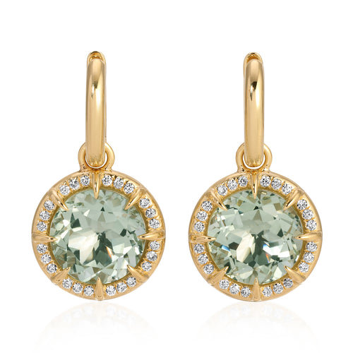 14KT Yellow Gold Green Amethyst Diamond Verte Round Prism Earrings