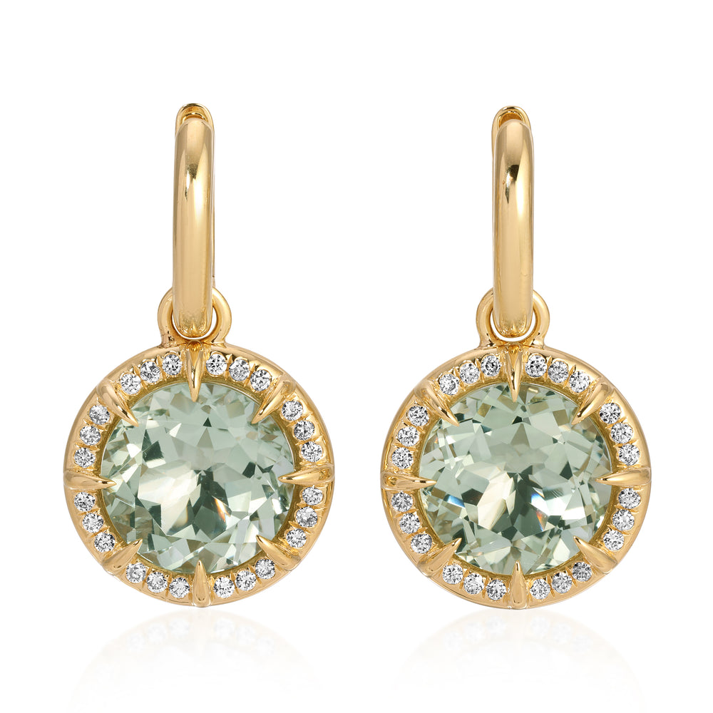 14KT Yellow Gold Green Amethyst Diamond Verte Round Prism Charm Earrings
