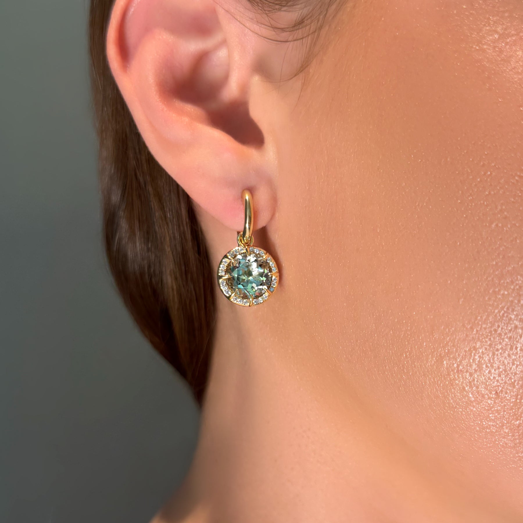 14KT Yellow Gold Green Amethyst Diamond Verte Round Prism Earrings