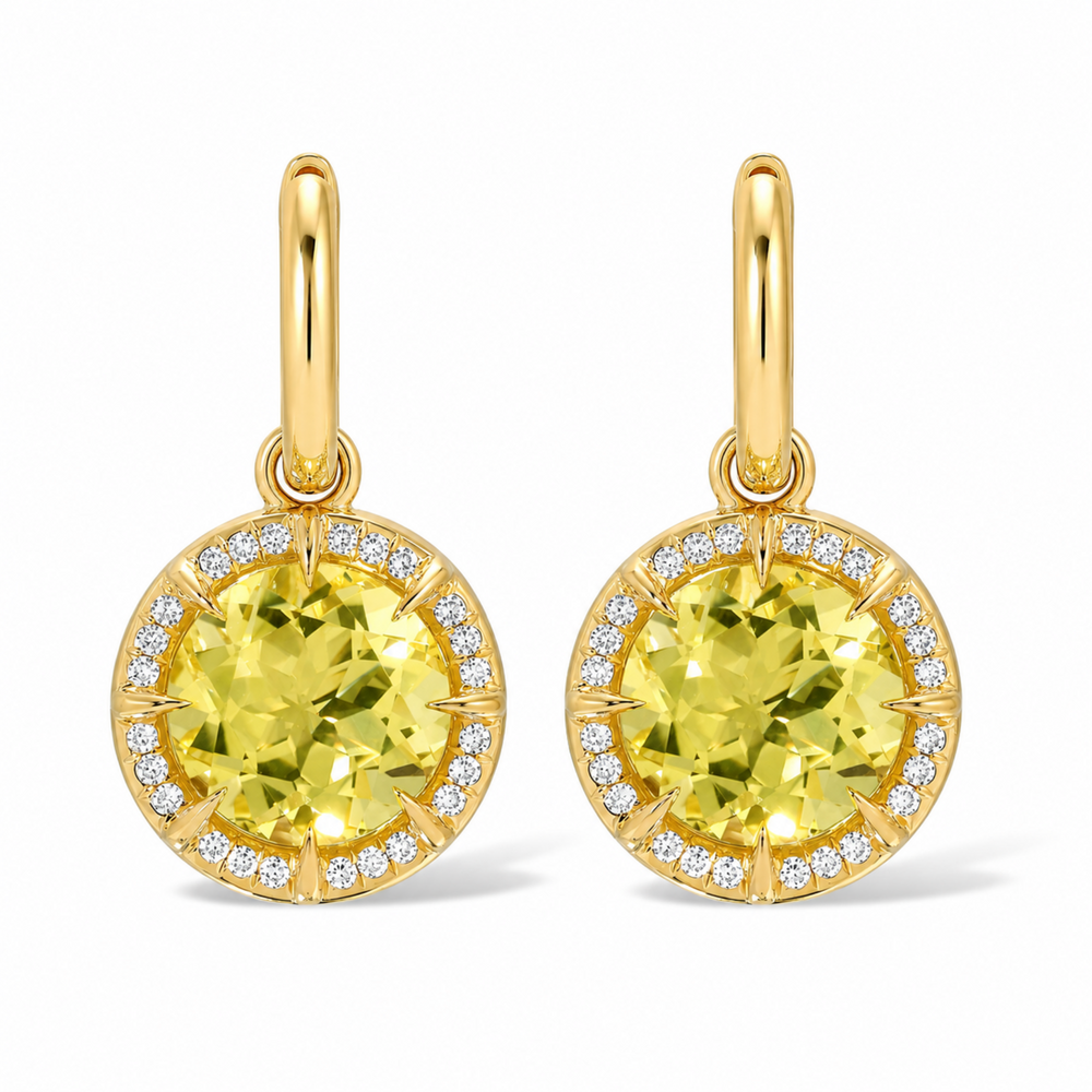 14KT Yellow Gold Lemon Quartz Diamond Canary Round Prism Earrings