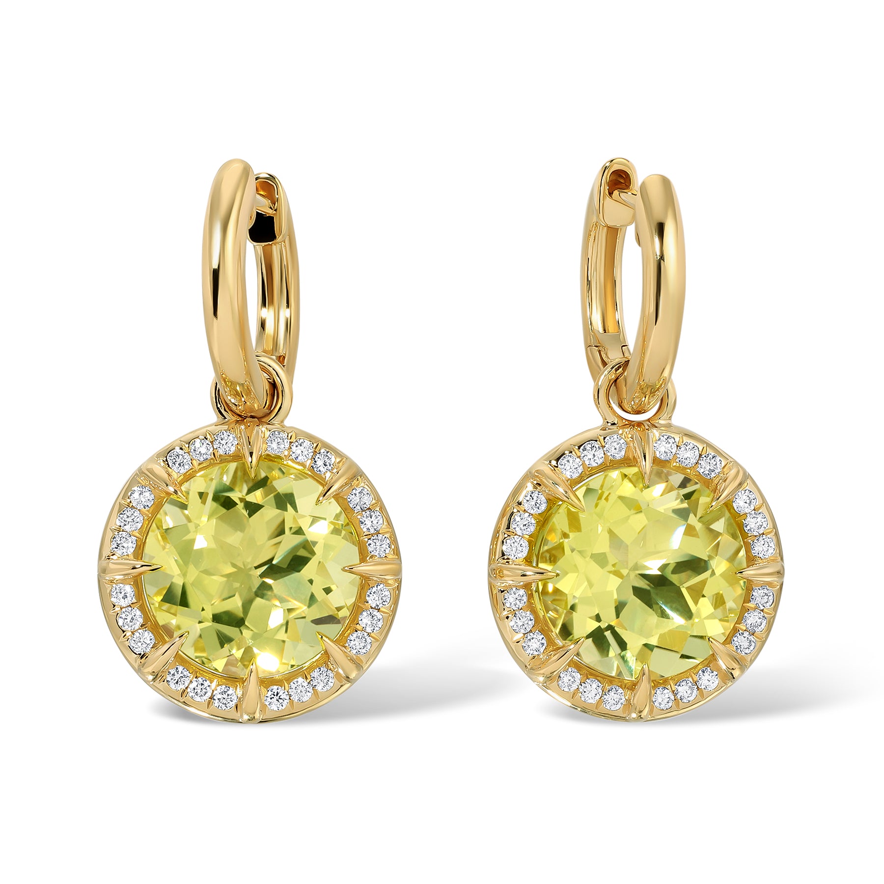 14KT Yellow Gold Lemon Quartz Diamond Canary Round Prism Charm Earrings