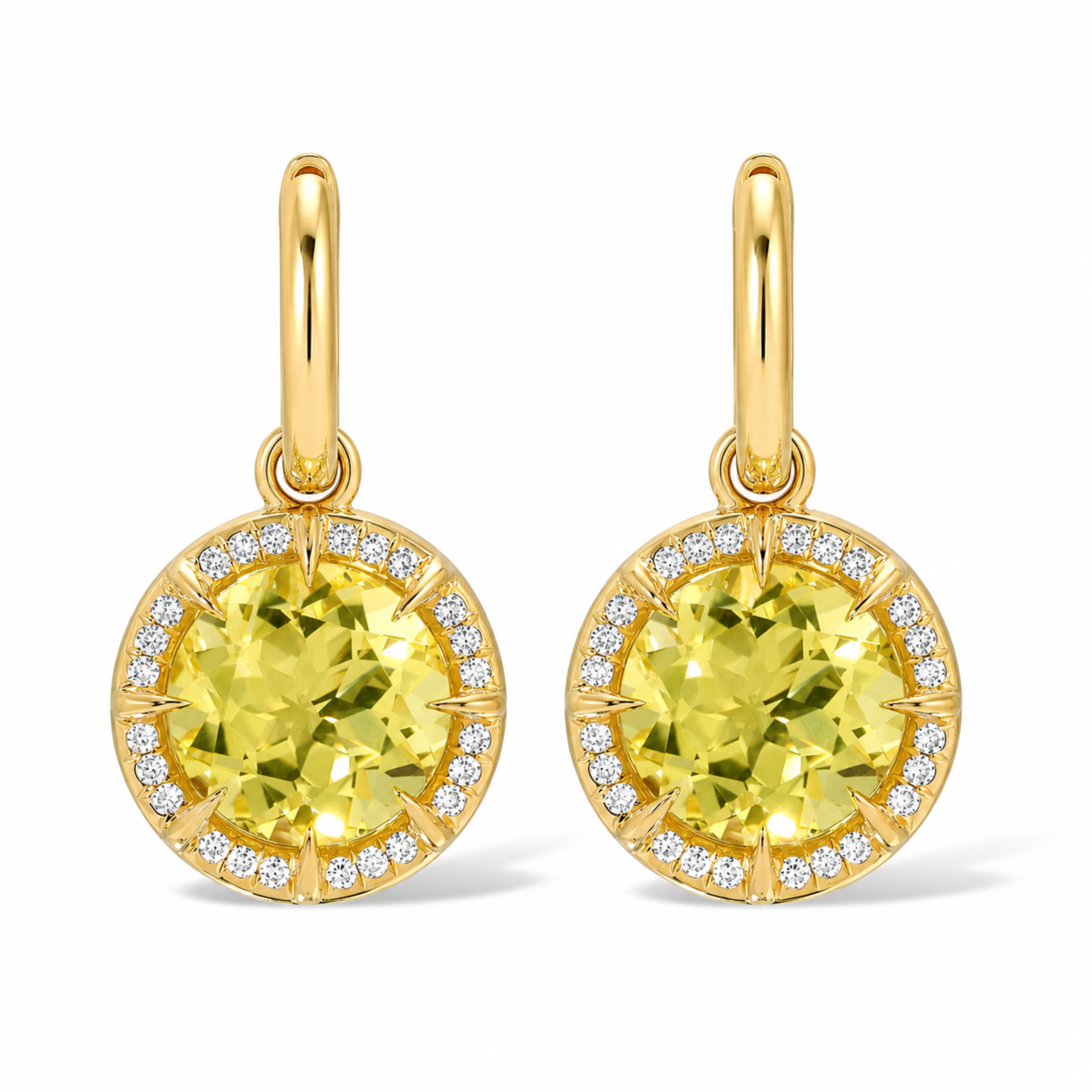 14KT Yellow Gold Lemon Quartz Diamond Canary Round Prism Earrings
