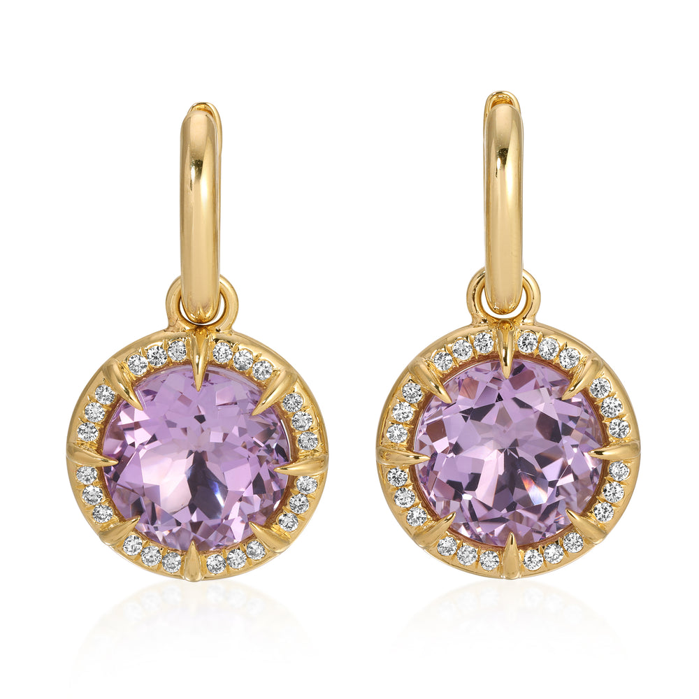 14KT Yellow Gold Amethyst Diamond Violette Round Prism Charm Earrings
