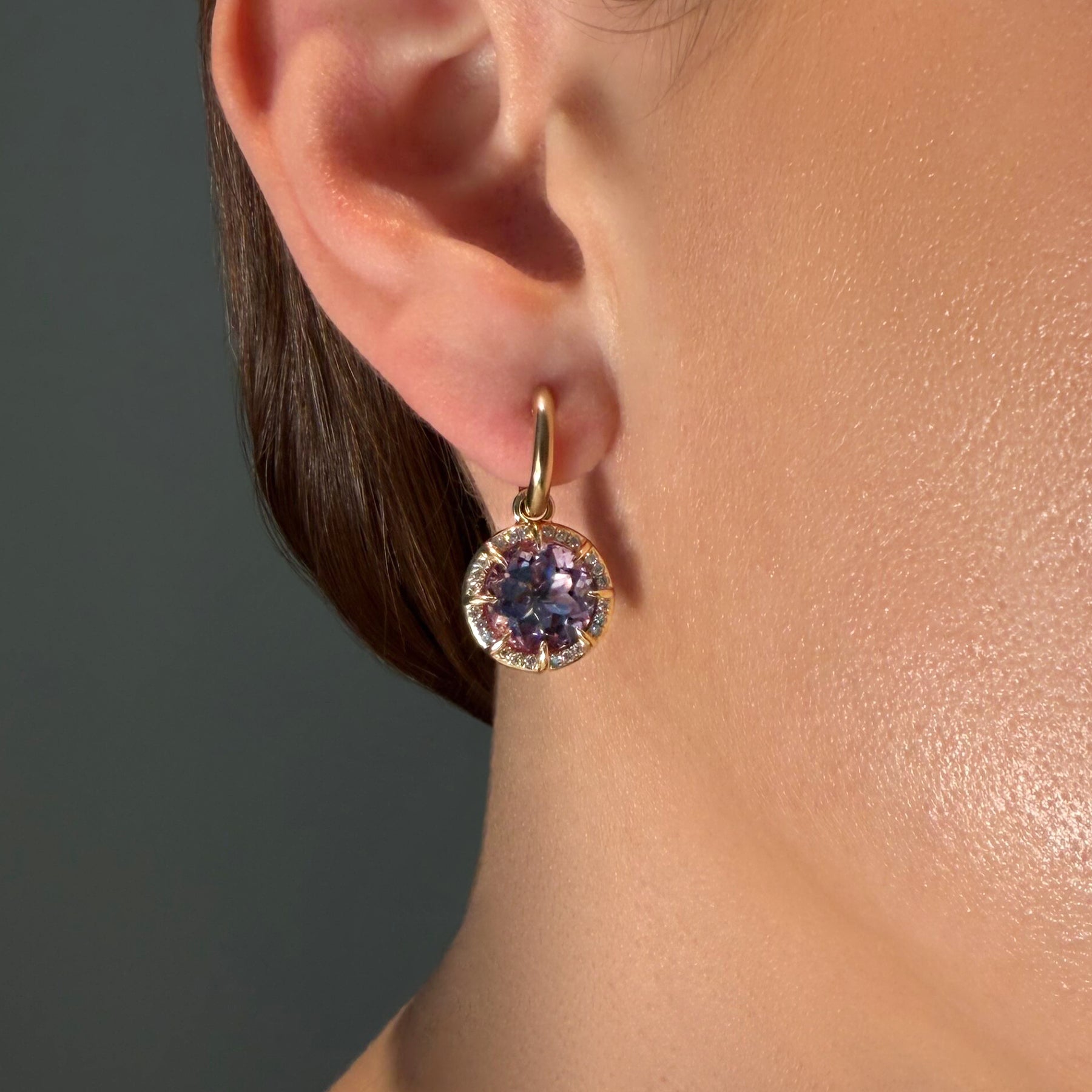 14KT Yellow Gold Amethyst Diamond Violette Round Prism Earrings