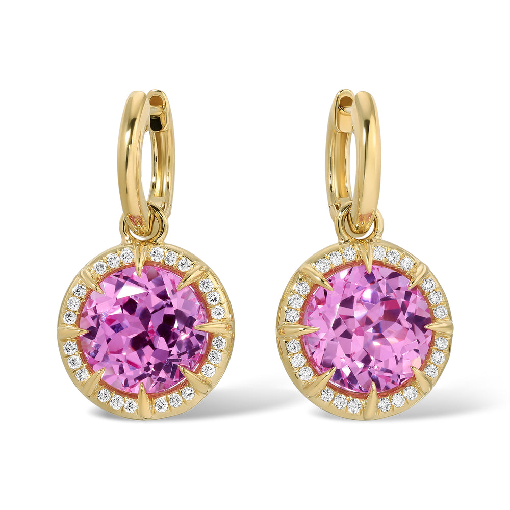 14KT Yellow Gold Pink Topaz Diamond Rose Round Prism Charm Earrings