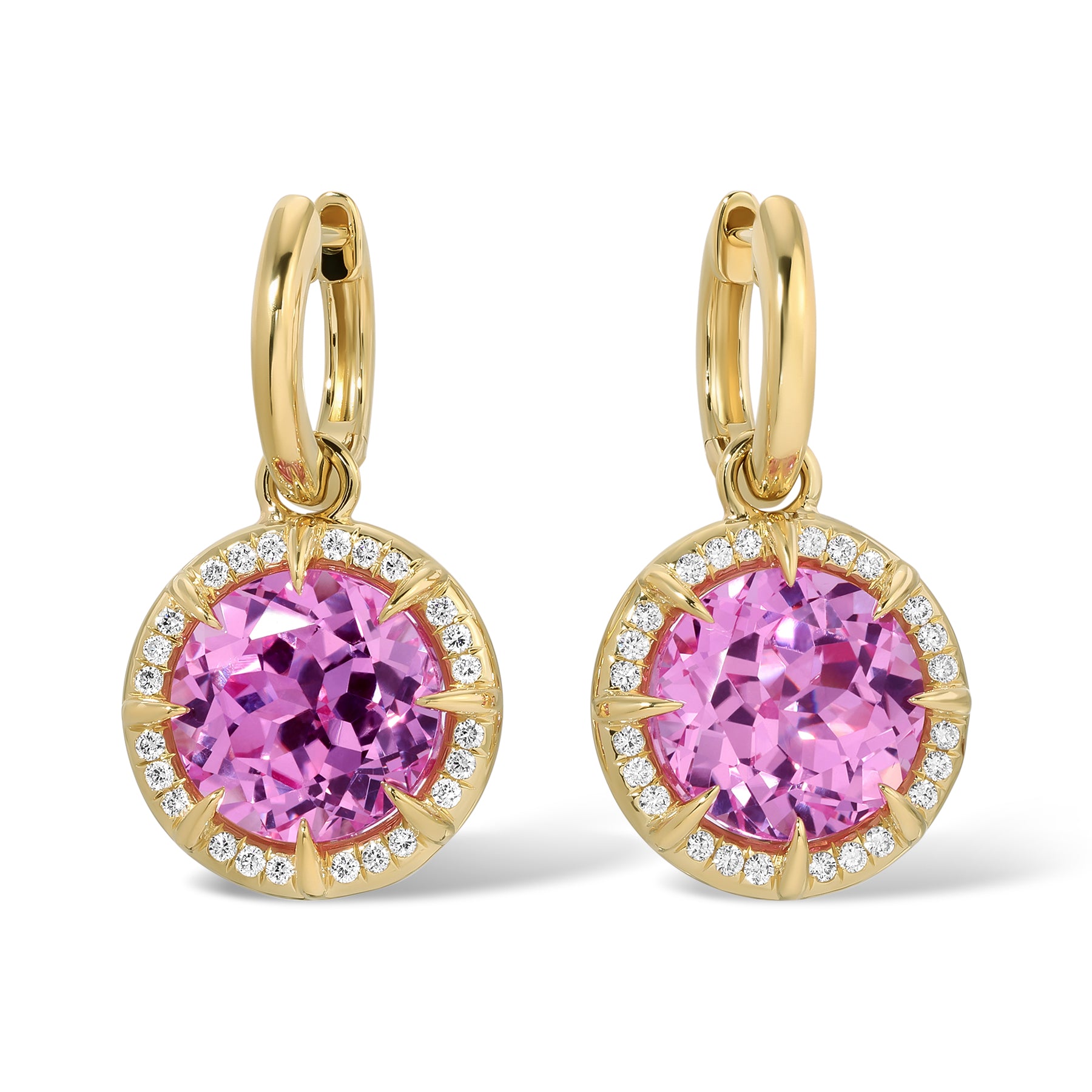 14KT Yellow Gold Pink Topaz Diamond Rose Round Prism Charm Earrings