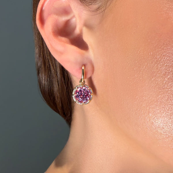 14KT Yellow Gold Pink Topaz Diamond Rose Round Prism Earrings