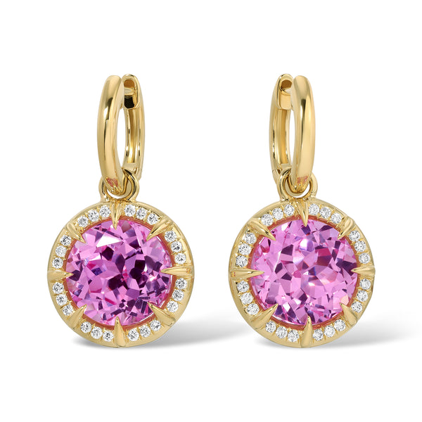 14KT Yellow Gold Pink Topaz Diamond Rose Round Prism Earrings