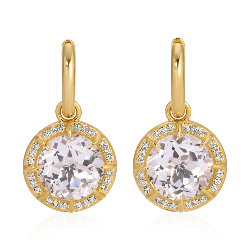 14KT Yellow Gold White Topaz Diamond Glace Round Prism Charm Earrings