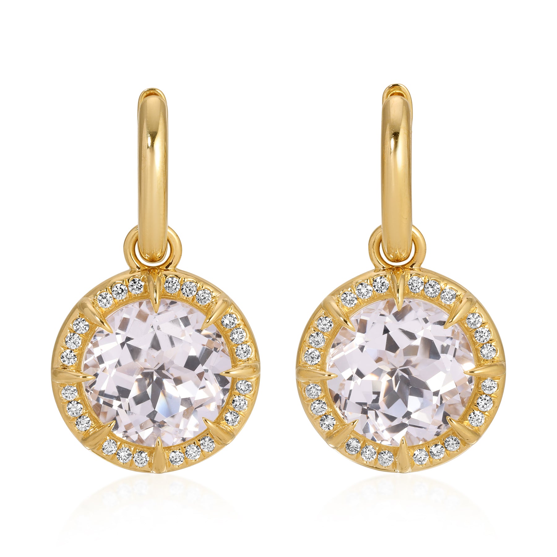 14KT Yellow Gold White Topaz Diamond Glace Round Prism Charm Earrings